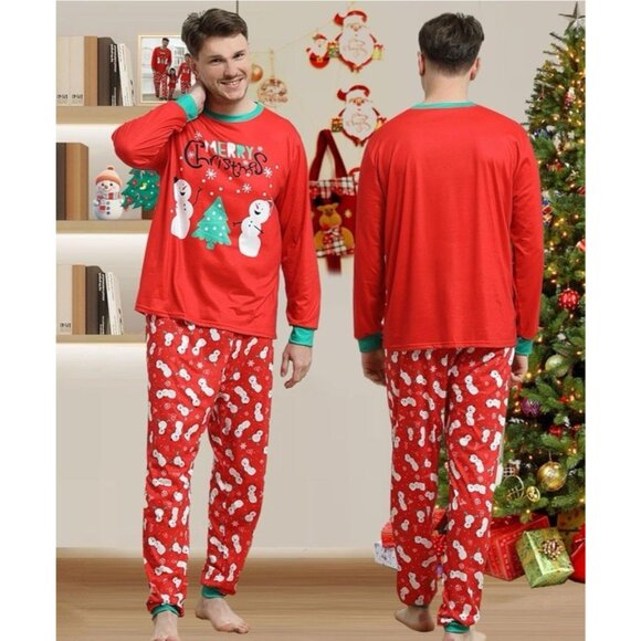 Men’s Large Christmas Pajama Set 2pc Long Sleeve Pj Snowman Tree Sleepwear NEW - Picture 6 of 6